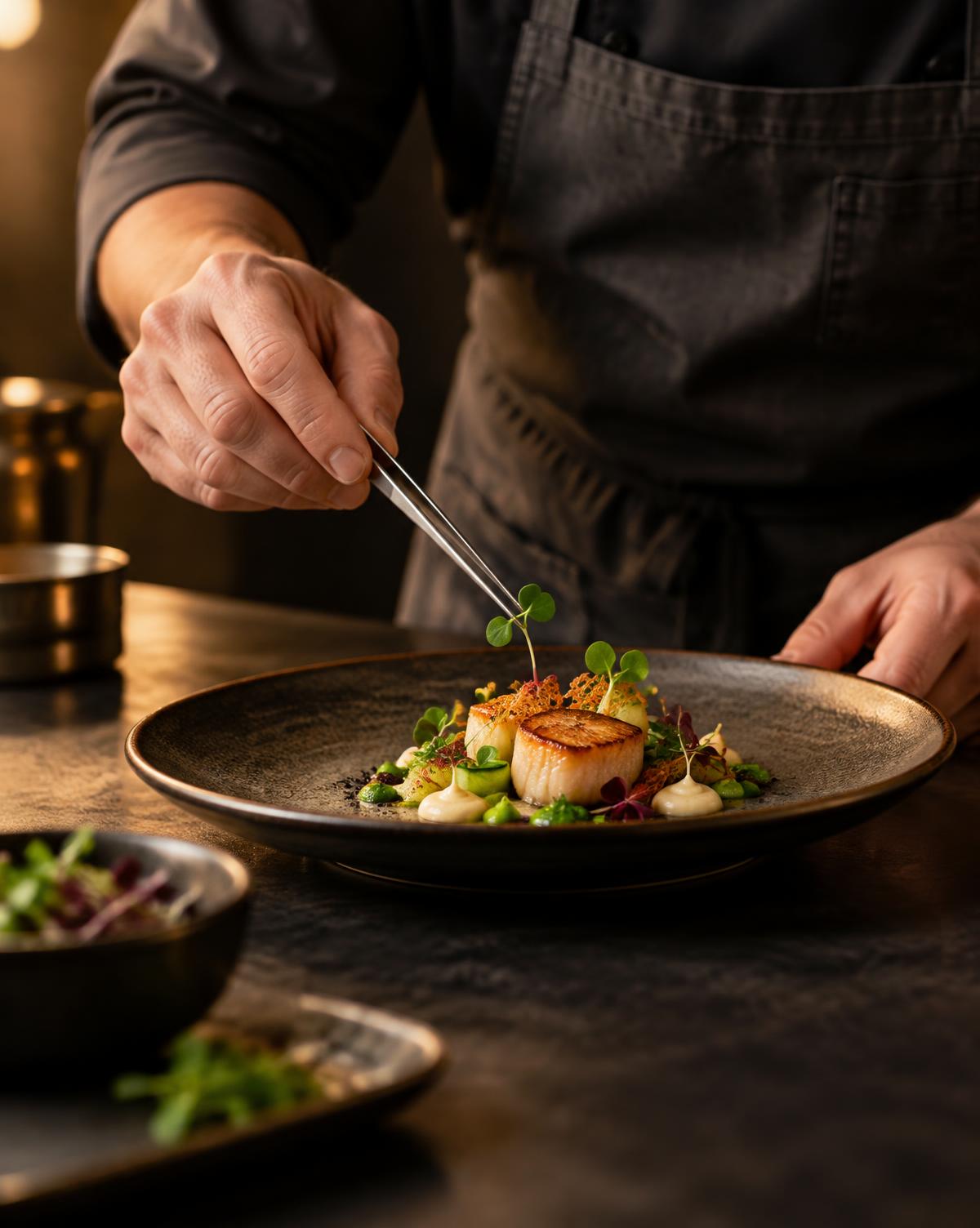 Chef Vitor's hands placing a microgreen with tweezers